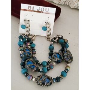 Vintage Chunky Glass Beaded Triple Strand Blue Necklace and Earring Set